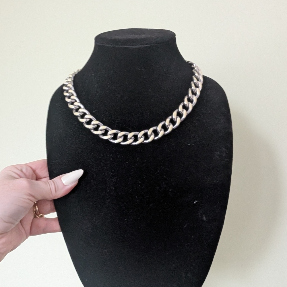 Chunky Cuban Link Necklace - Silver With Cream Enamel